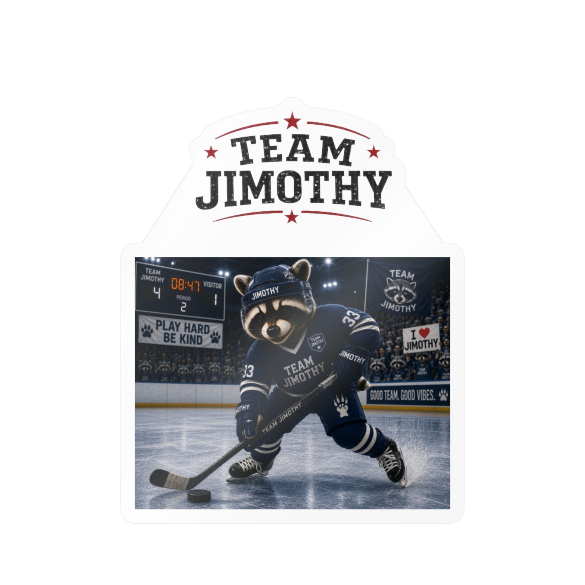 Team Jimothy Hockey Kiss-Cut Vinyl Decal — Mascot Player Sticker for Laptops, Water Bottles & Car Windows