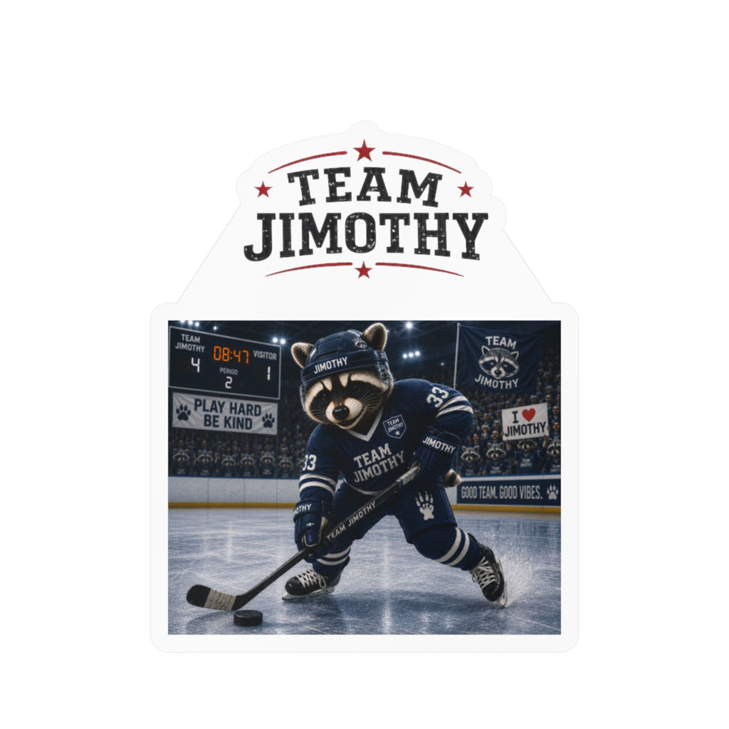 Team Jimothy Hockey Kiss-Cut Vinyl Decal — Mascot Player Sticker for Laptops, Water Bottles & Car Windows