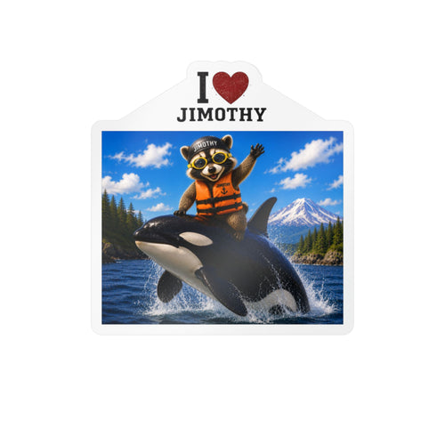 I  Love Jimothy Vinyl Sticker — Cute Raccoon on Orca Kiss-Cut Decal