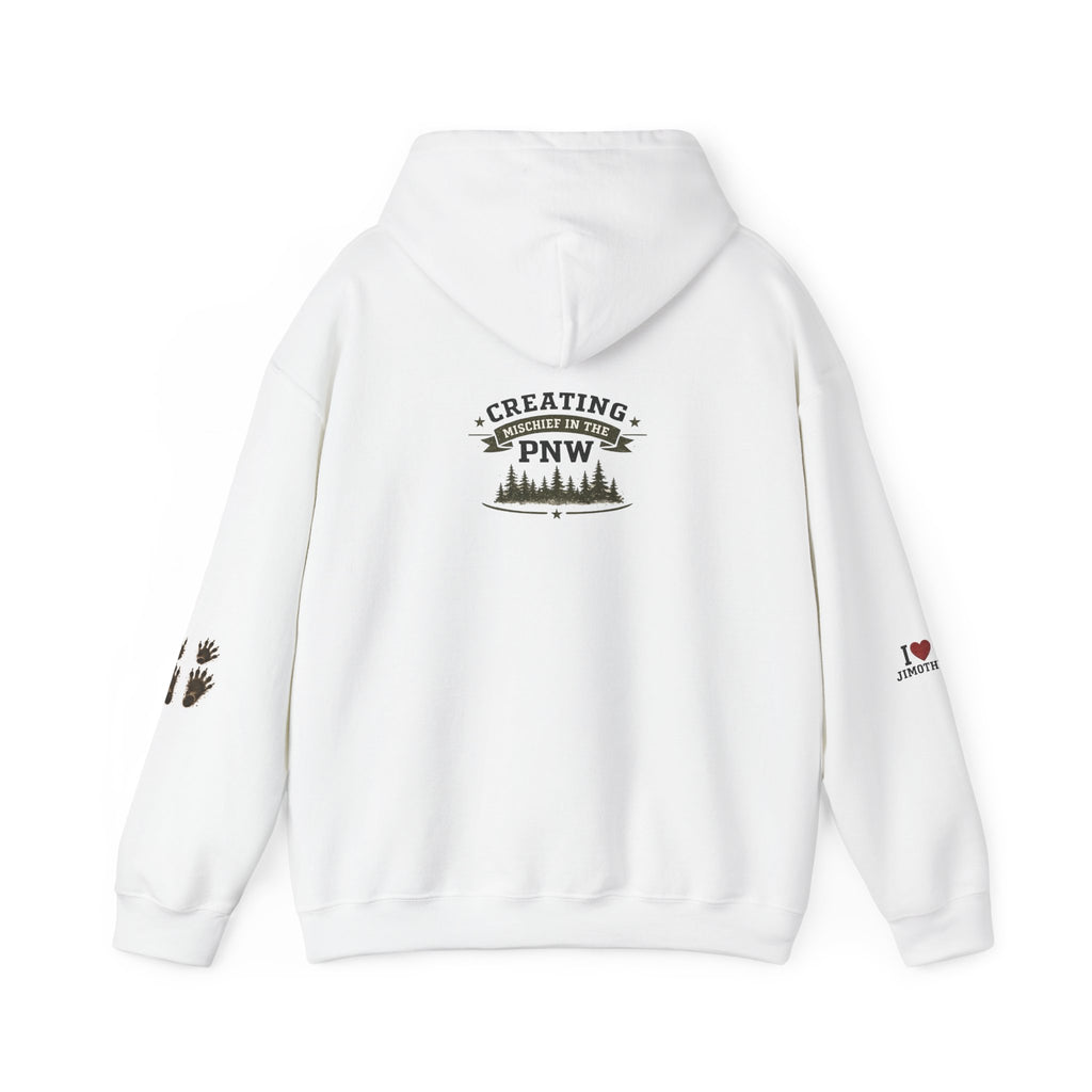 PNW Jimothy Crossing Hoodie — "Creating PNW" Forest Sweatshirt with Racoon Feet & I love Jimothy Sleeve