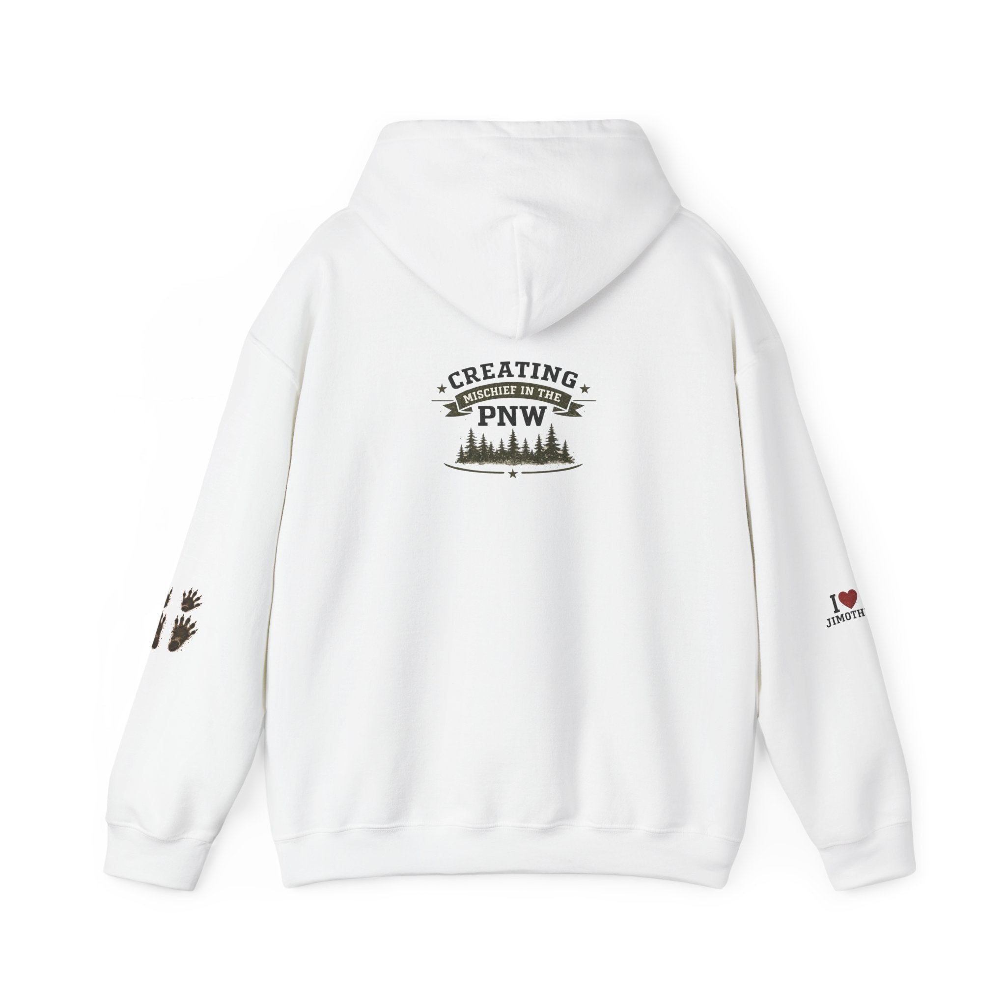 PNW Jimothy Crossing Hoodie — "Creating PNW" Forest Sweatshirt with Racoon Feet & I love Jimothy Sleeve
