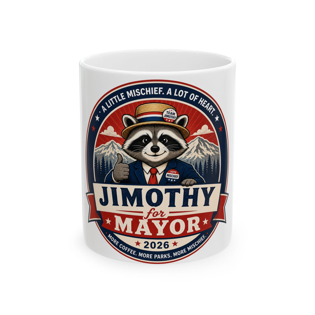 Jimothy for Mayor Ceramic Mug — Cute Raccoon Political Campaign Coffee Mug (11oz/15oz)