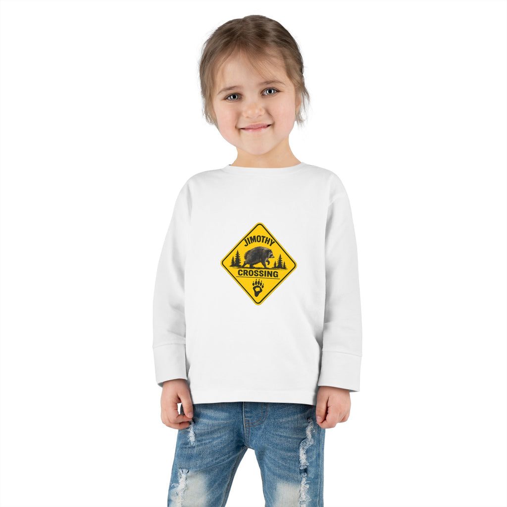 Toddler Long Sleeve Tee — 'Jimothy Crossing Road Sign with Jimothy Feet (Back)