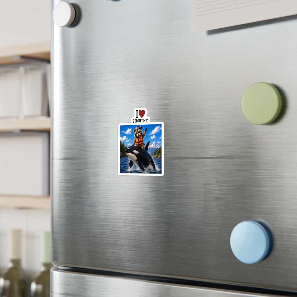 I  Love Jimothy Vinyl Sticker — Cute Raccoon on Orca Kiss-Cut Decal