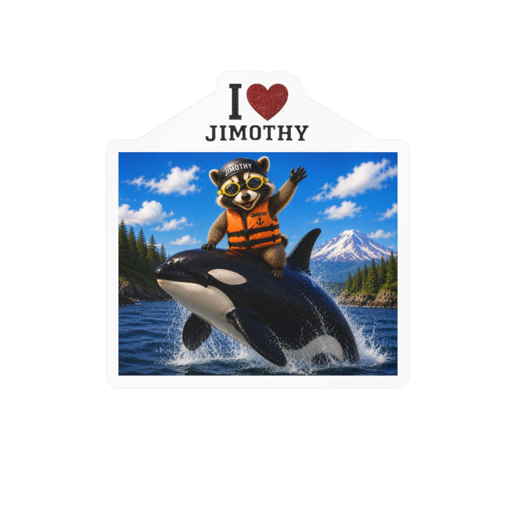 I  Love Jimothy Vinyl Sticker — Cute Raccoon on Orca Kiss-Cut Decal