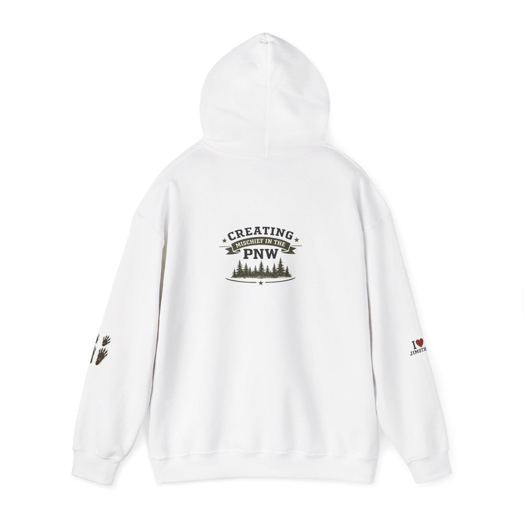PNW Jimothy Crossing Hoodie — "Creating PNW" Forest Sweatshirt with Racoon Feet & I love Jimothy Sleeve