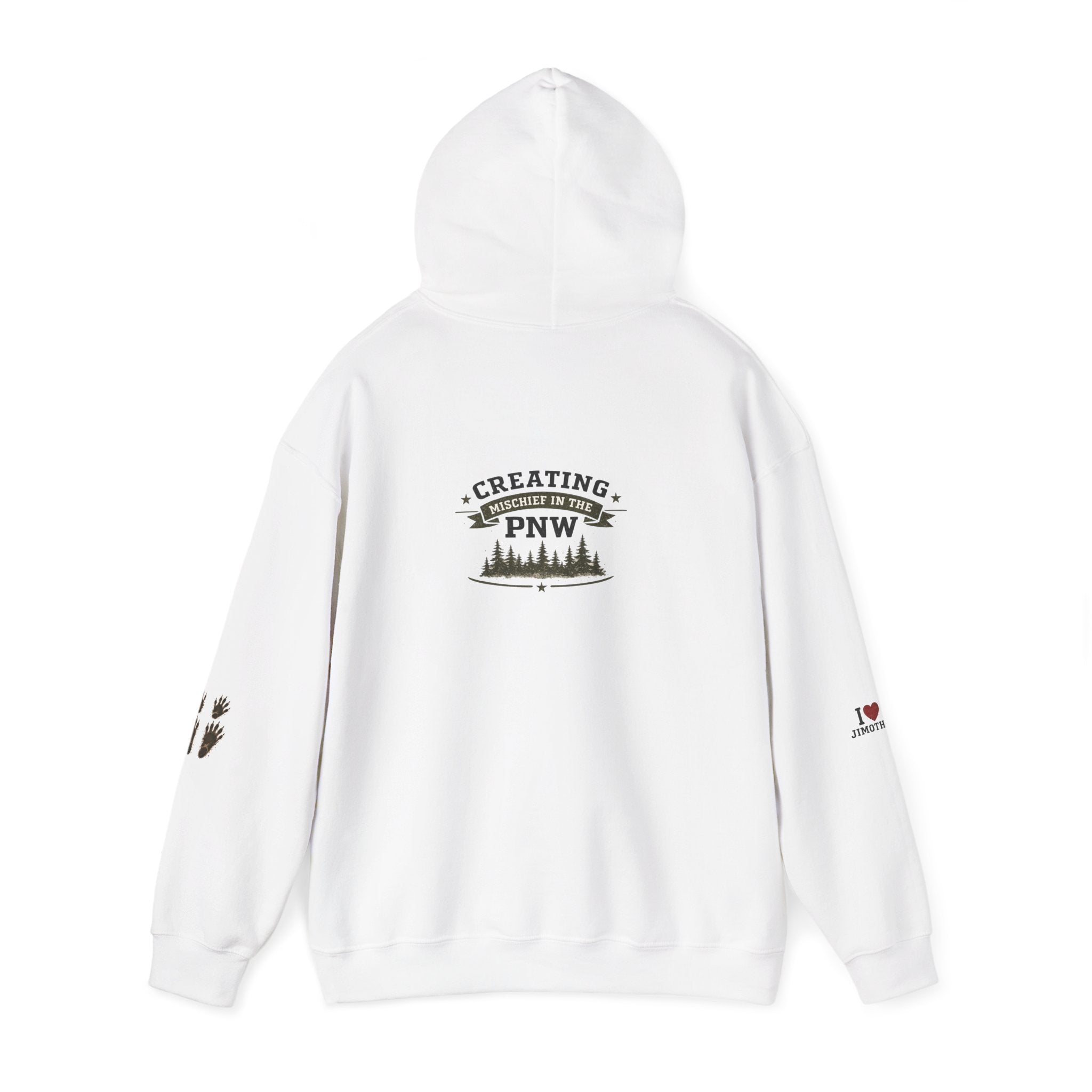 PNW Jimothy Crossing Hoodie — "Creating PNW" Forest Sweatshirt with Racoon Feet & I love Jimothy Sleeve