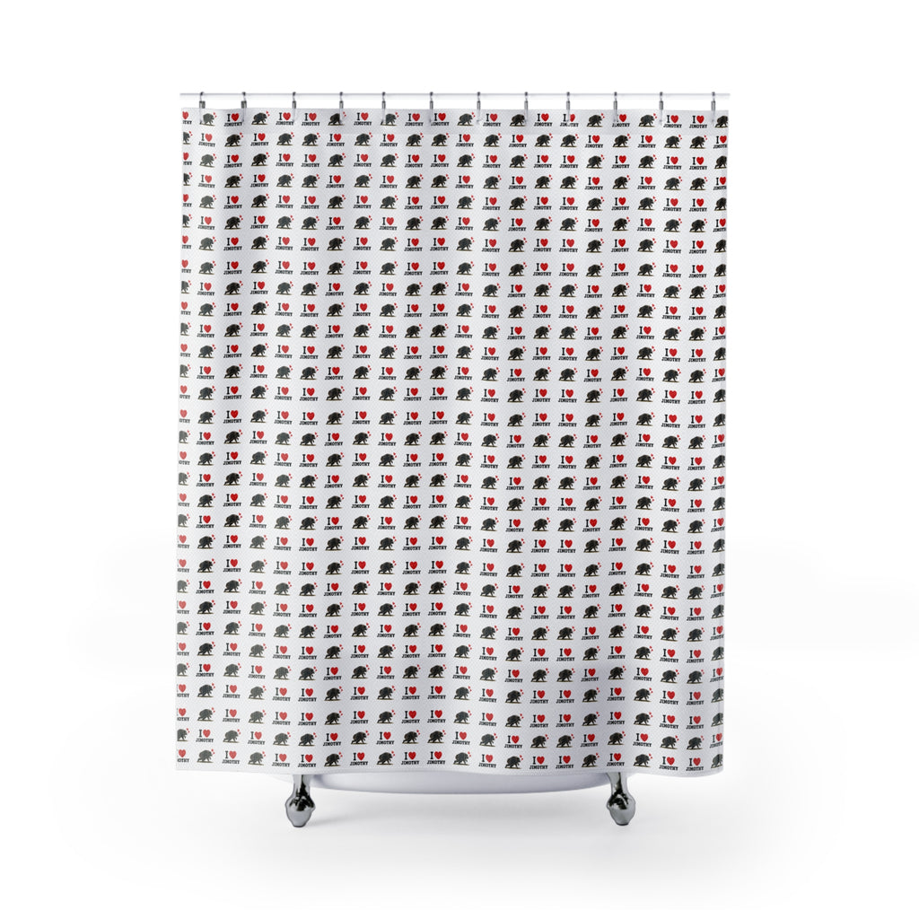 I Love Jimothy Shower Curtain — Cute Repeating 'I Love Jimothy'  Pattern for Bathroom Decor