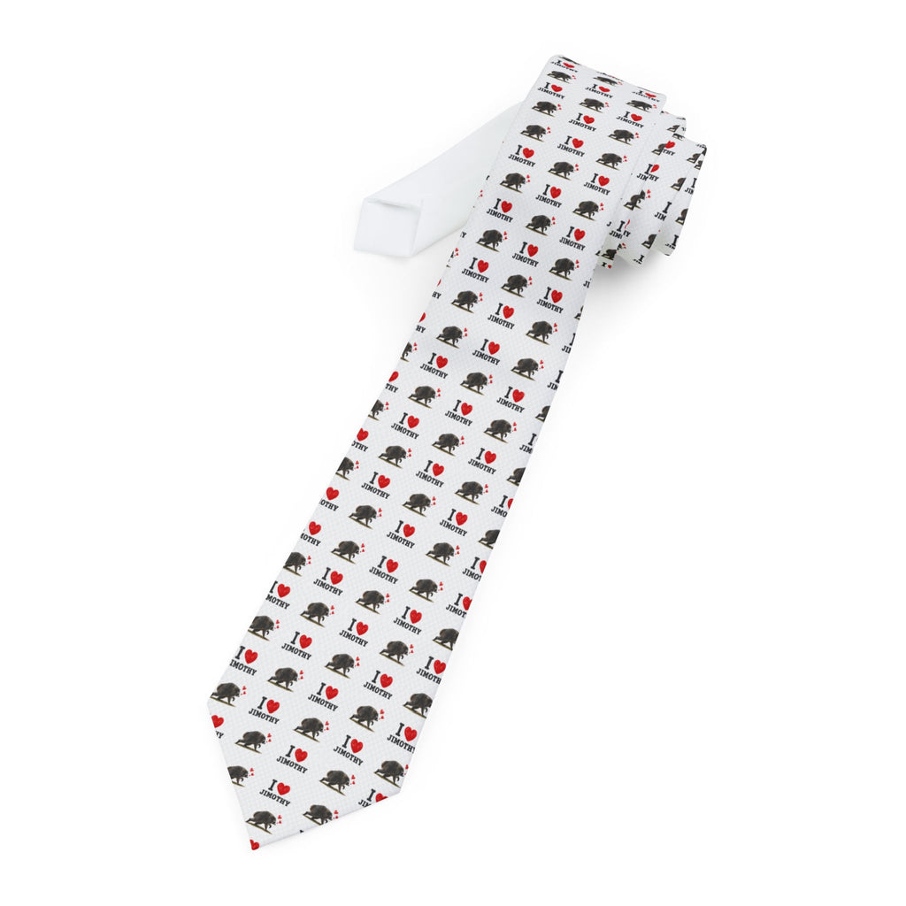 White Novelty Necktie with Small I Love Jimothy Pattern