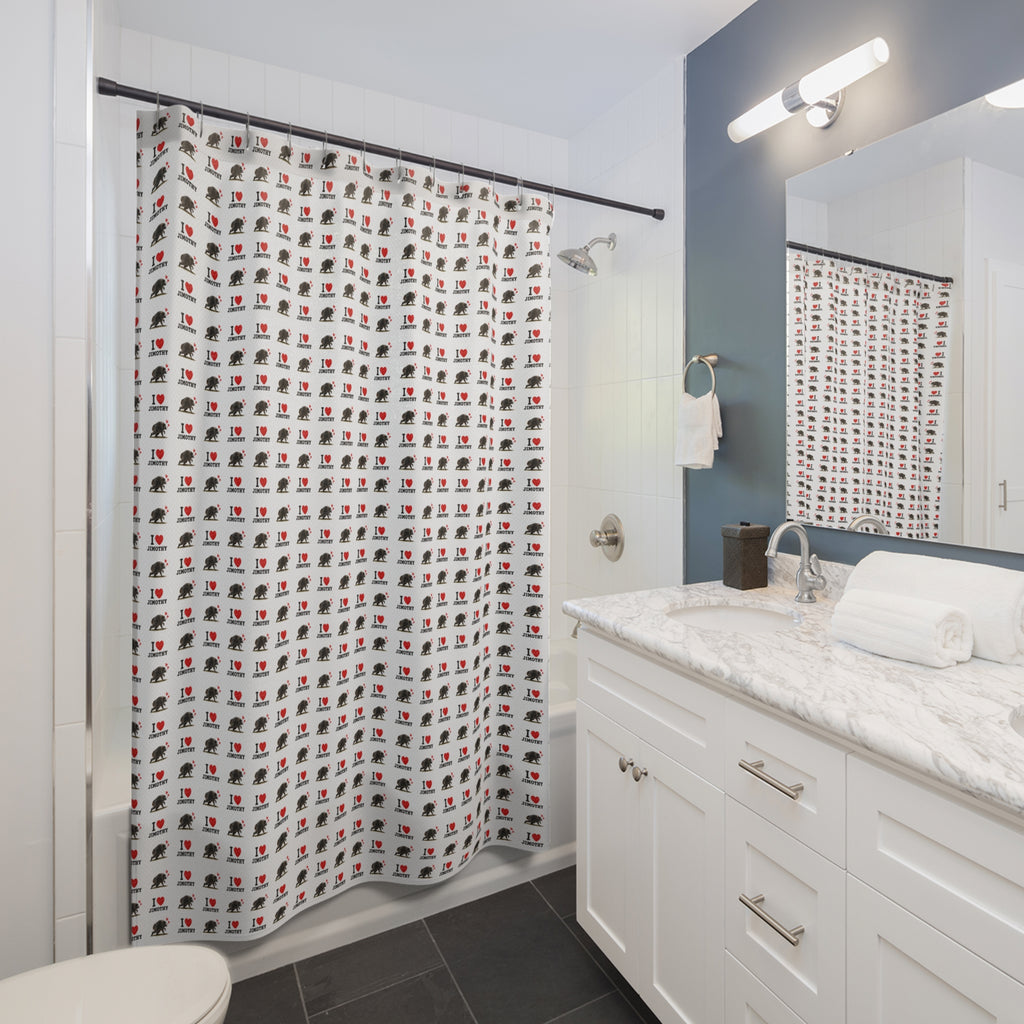 I Love Jimothy Shower Curtain — Cute Repeating 'I Love Jimothy'  Pattern for Bathroom Decor
