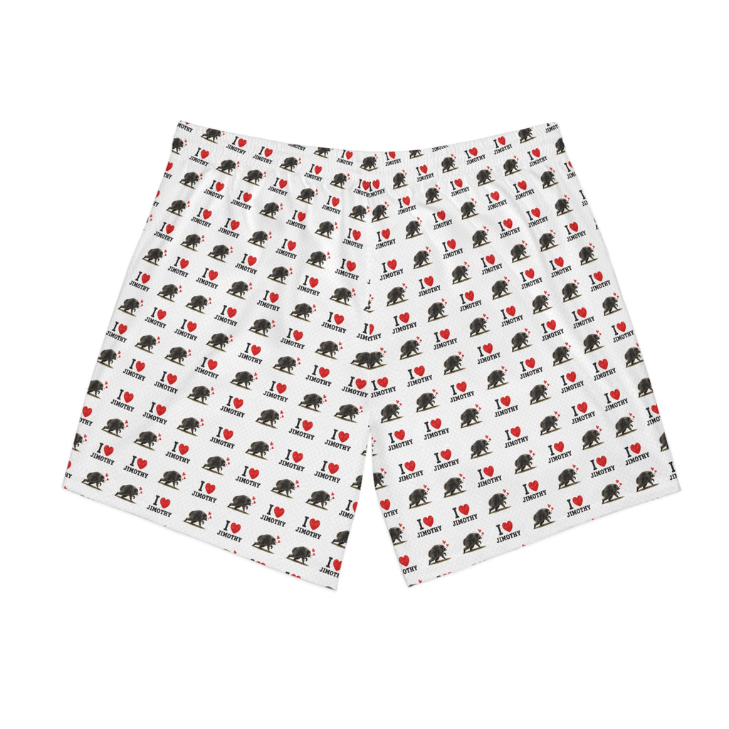 I  Love Jimothy Men's Beach Shorts — All-Over Print Elastic Swim Trunks