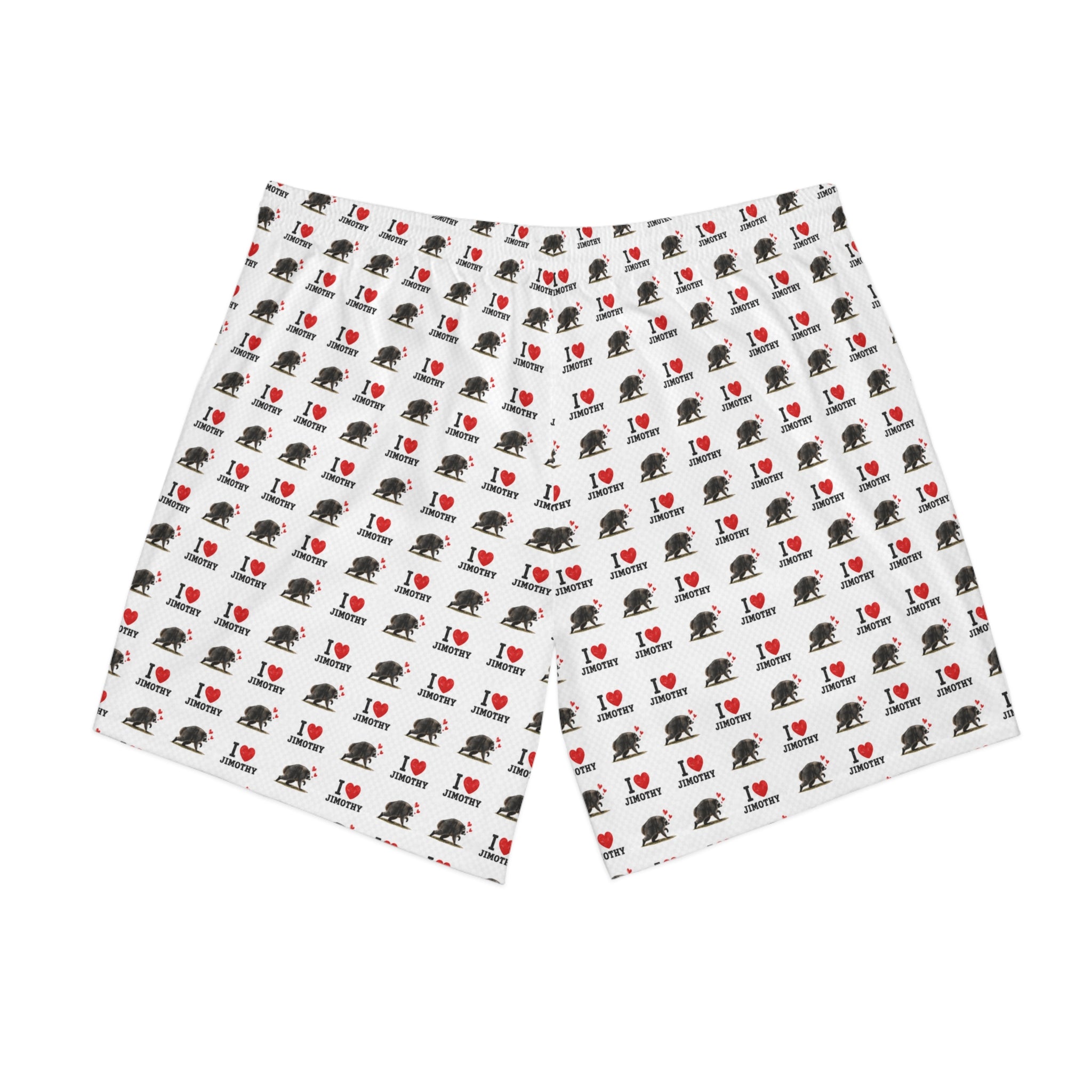 I  Love Jimothy Men's Beach Shorts — All-Over Print Elastic Swim Trunks