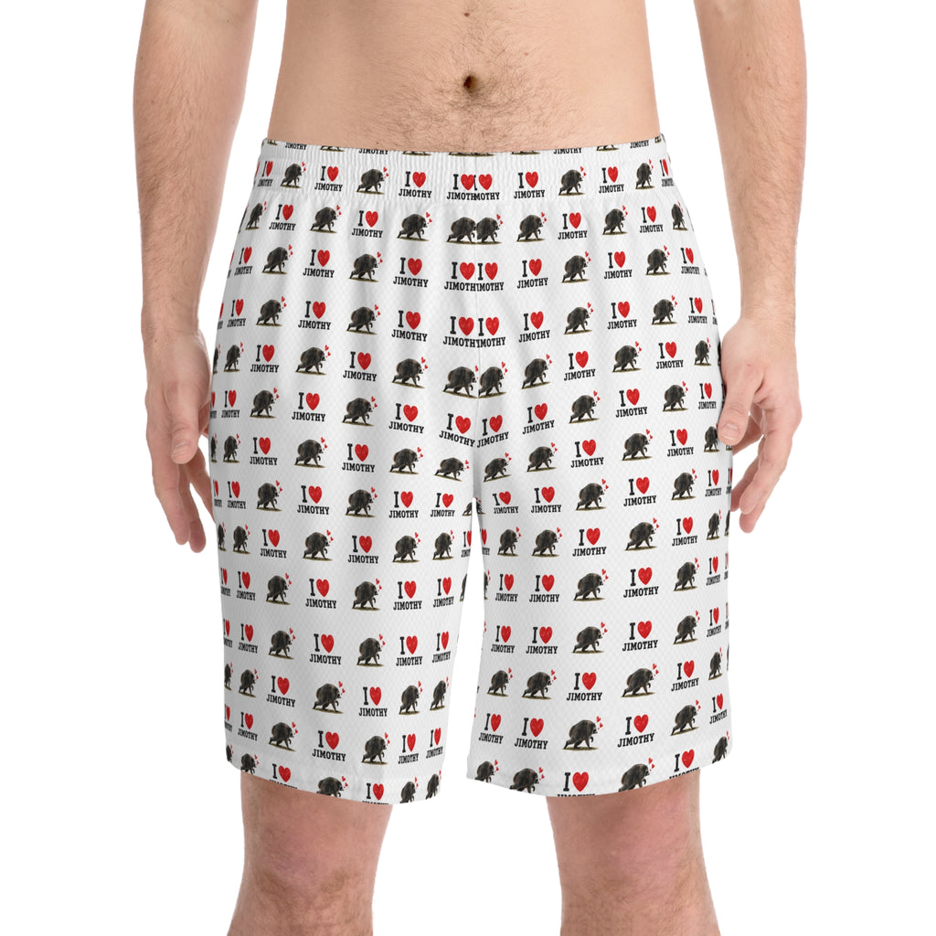 I  Love Jimothy Men's Beach Shorts — All-Over Print Elastic Swim Trunks