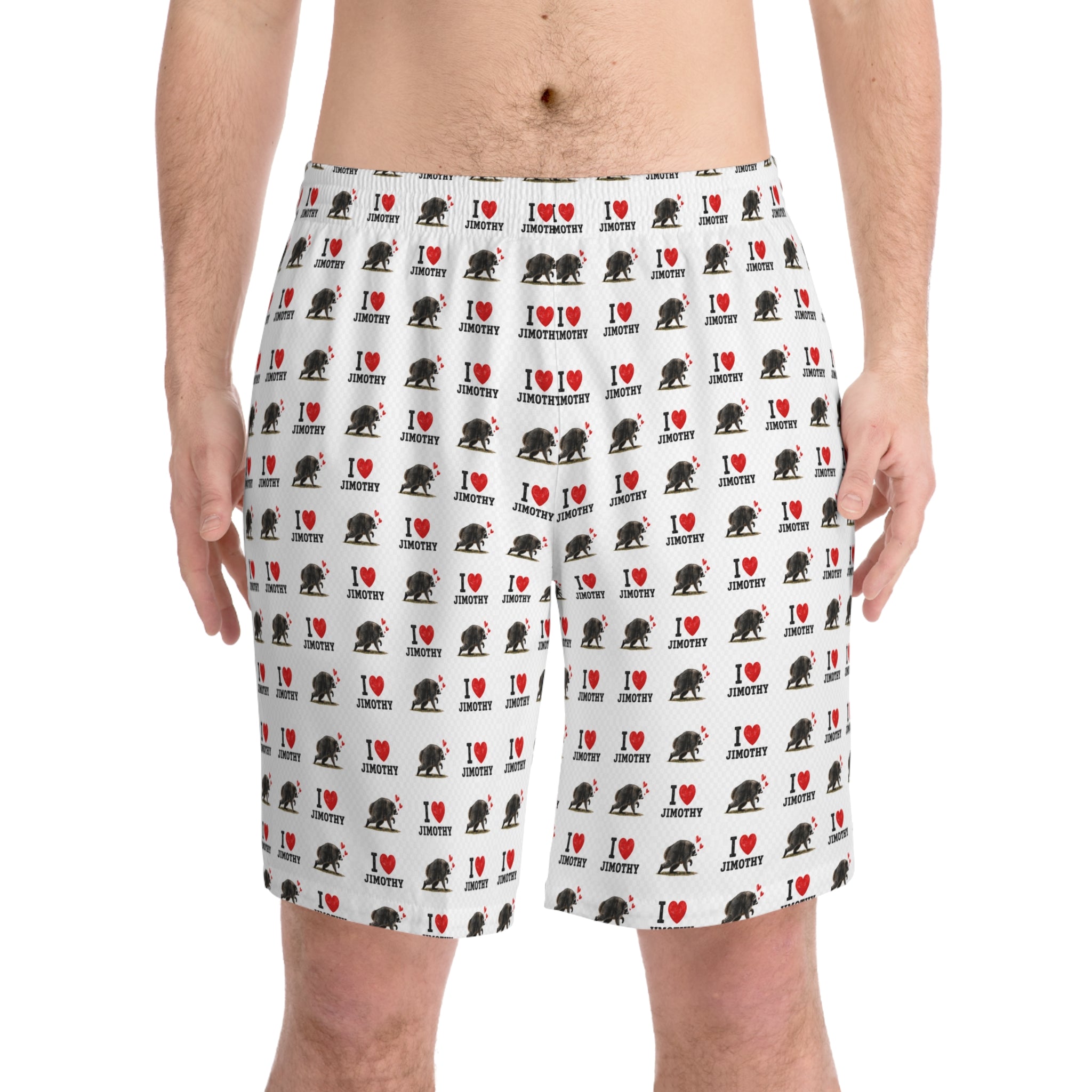 I  Love Jimothy Men's Beach Shorts — All-Over Print Elastic Swim Trunks