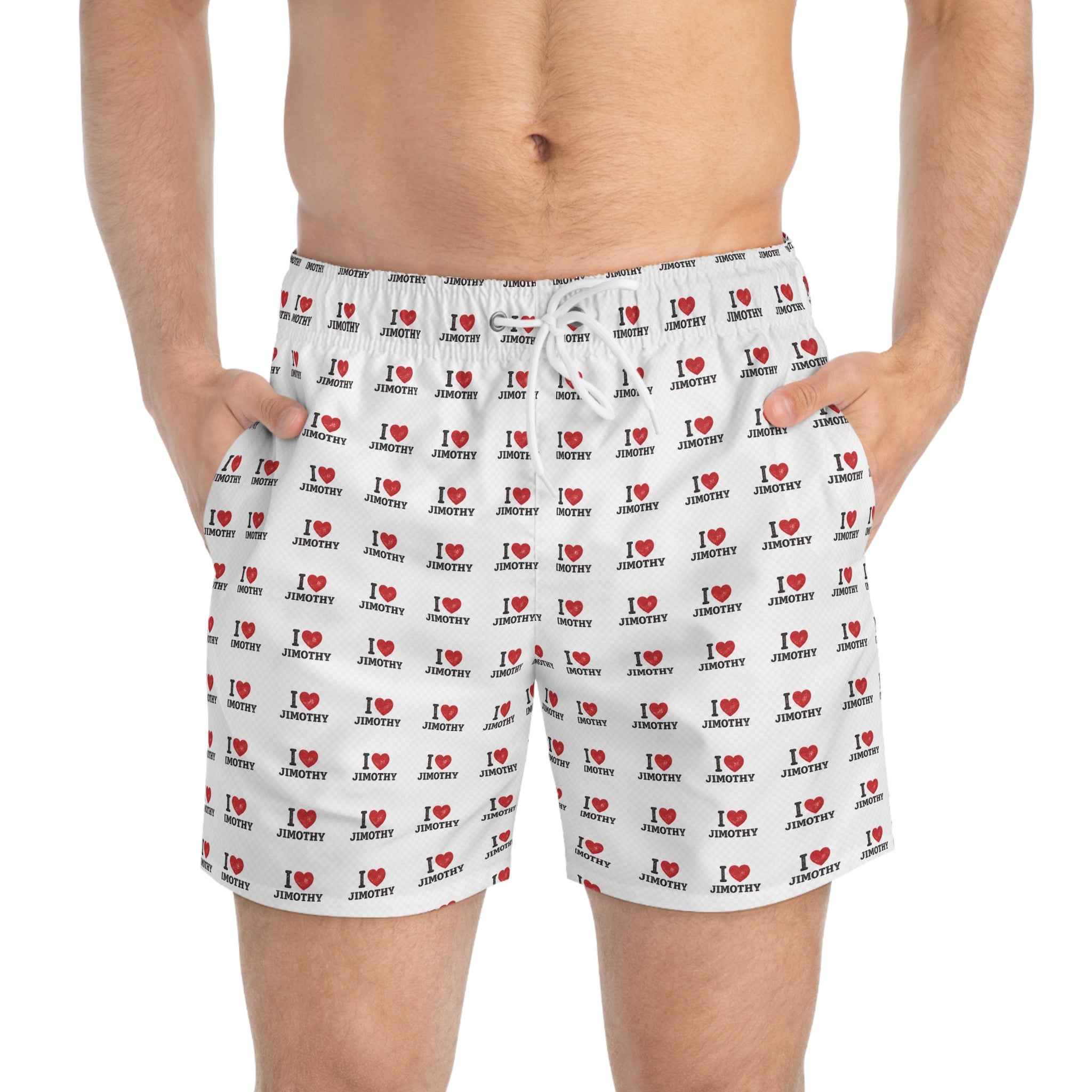 I Love Jimothy Swim Trunks — All-Over-Print Beach Shorts