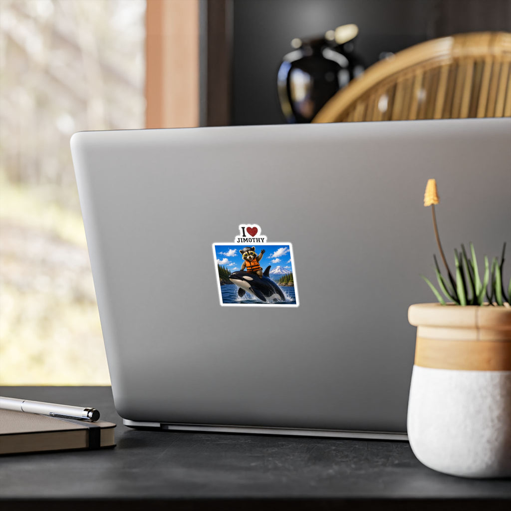 I  Love Jimothy Vinyl Sticker — Cute Raccoon on Orca Kiss-Cut Decal