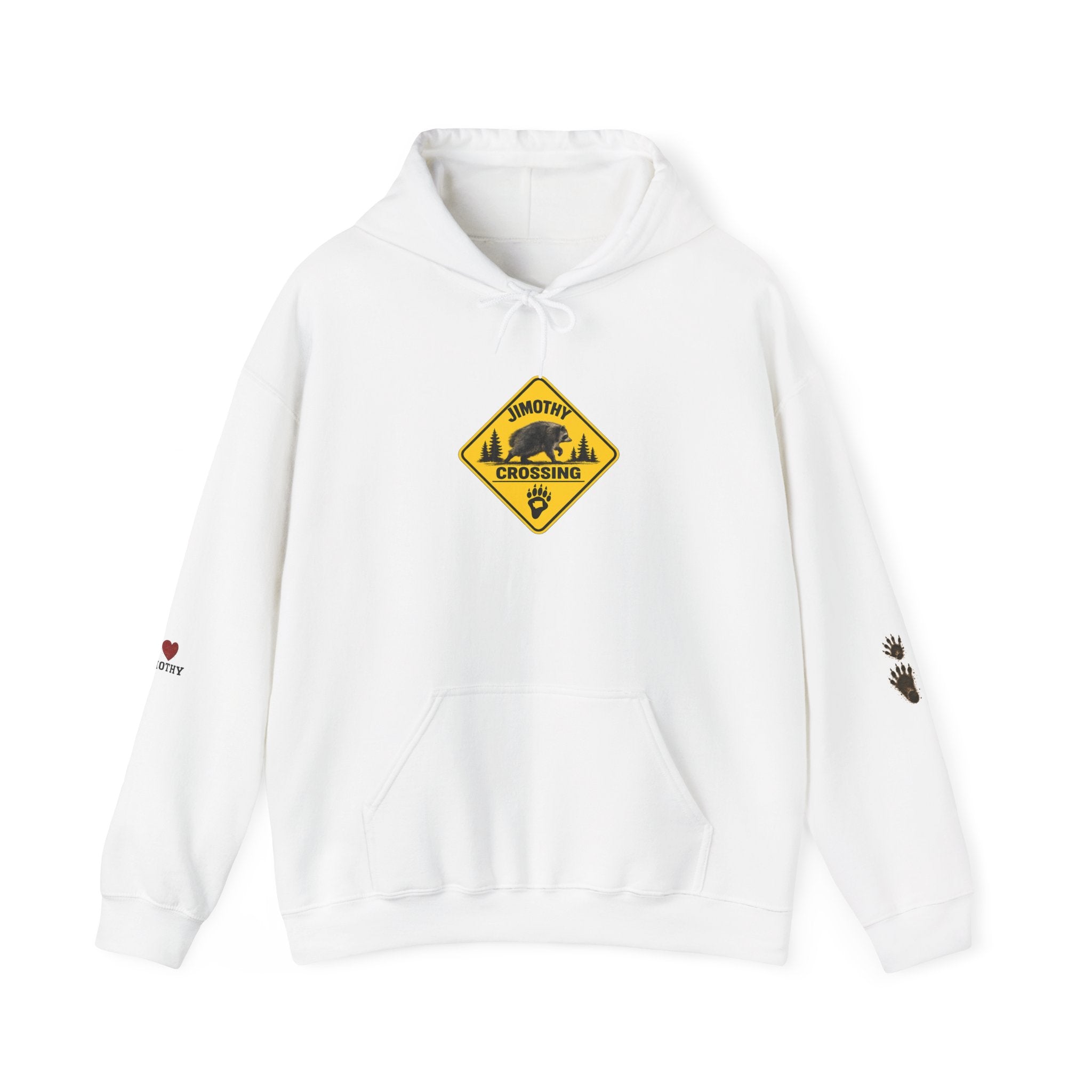PNW Jimothy Crossing Hoodie — "Creating PNW" Forest Sweatshirt with Racoon Feet & I love Jimothy Sleeve