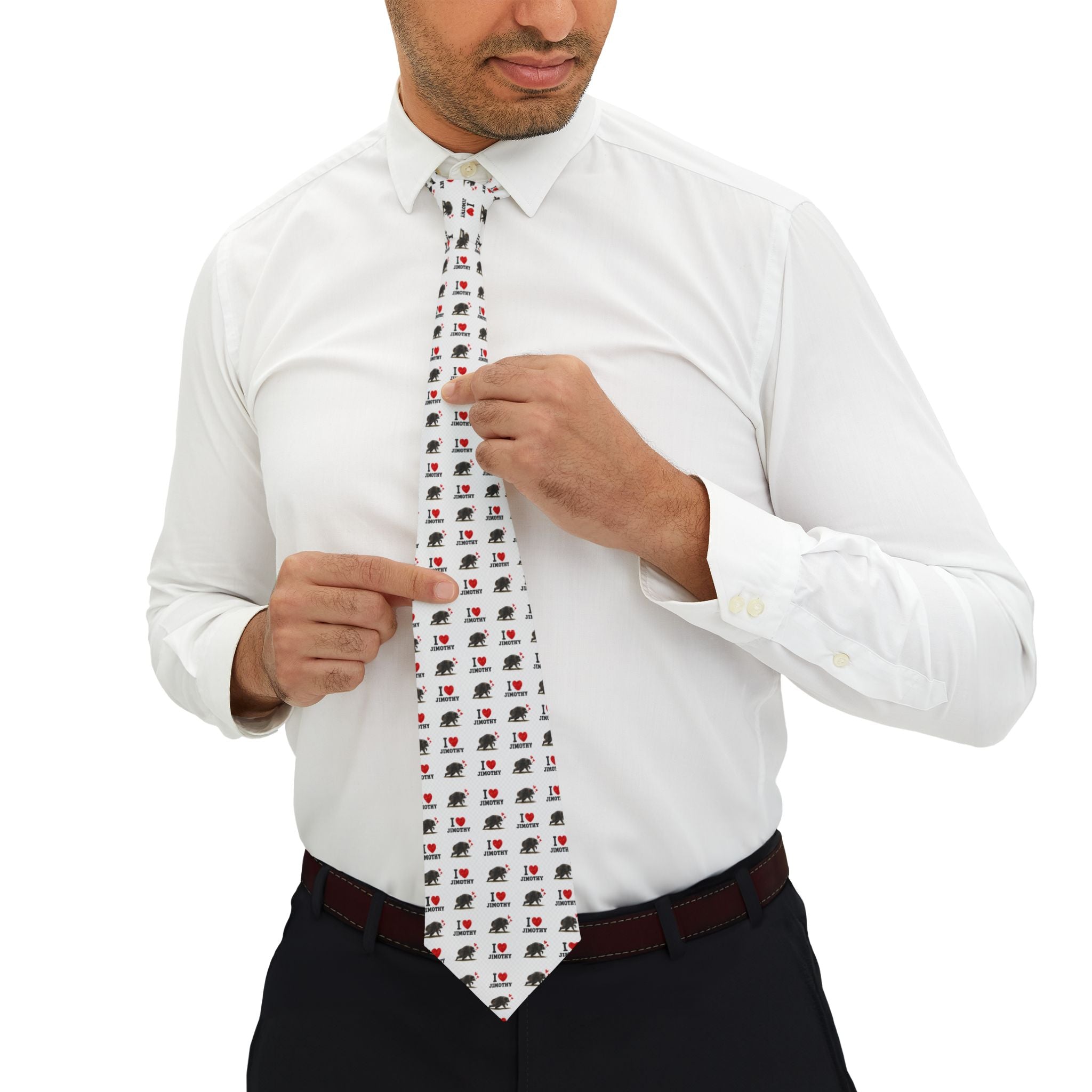 White Novelty Necktie with Small I Love Jimothy Pattern