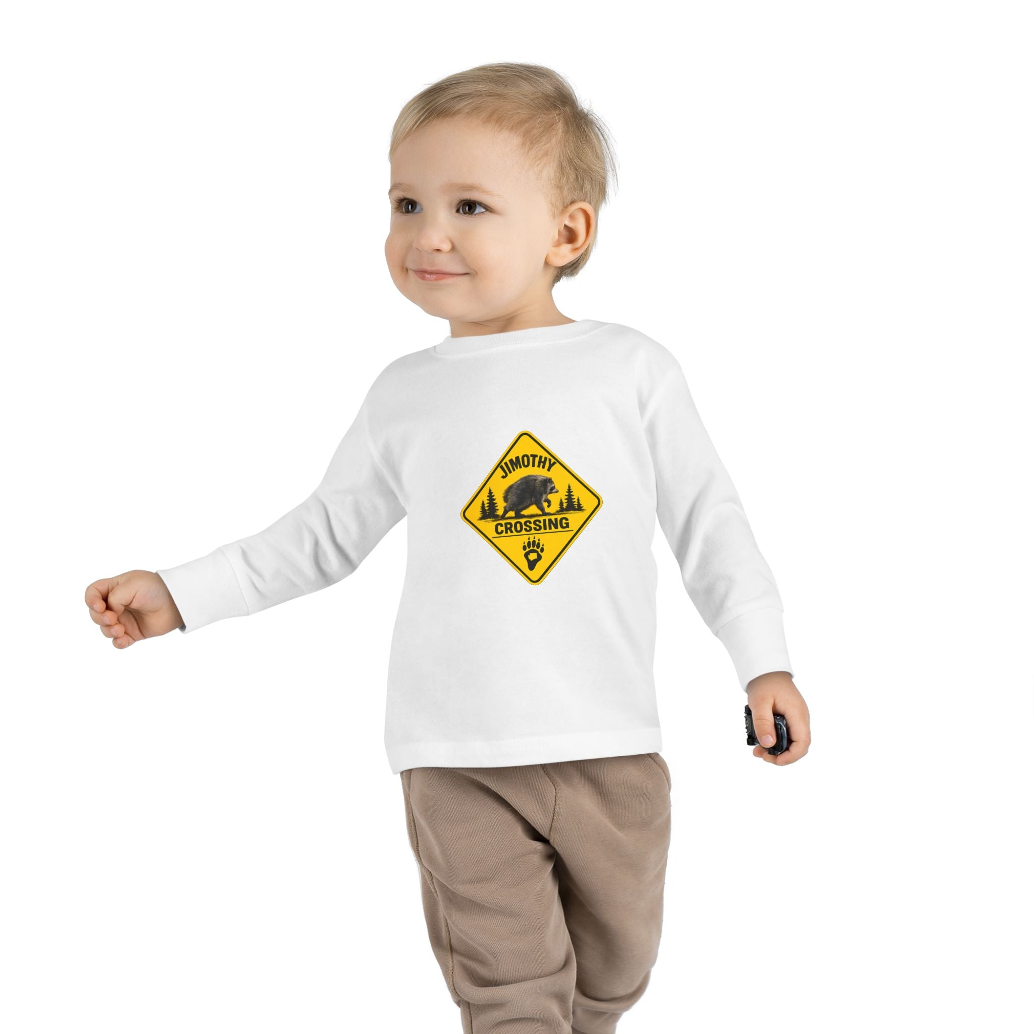Toddler Long Sleeve Tee — 'Jimothy Crossing Road Sign with Jimothy Feet (Back)
