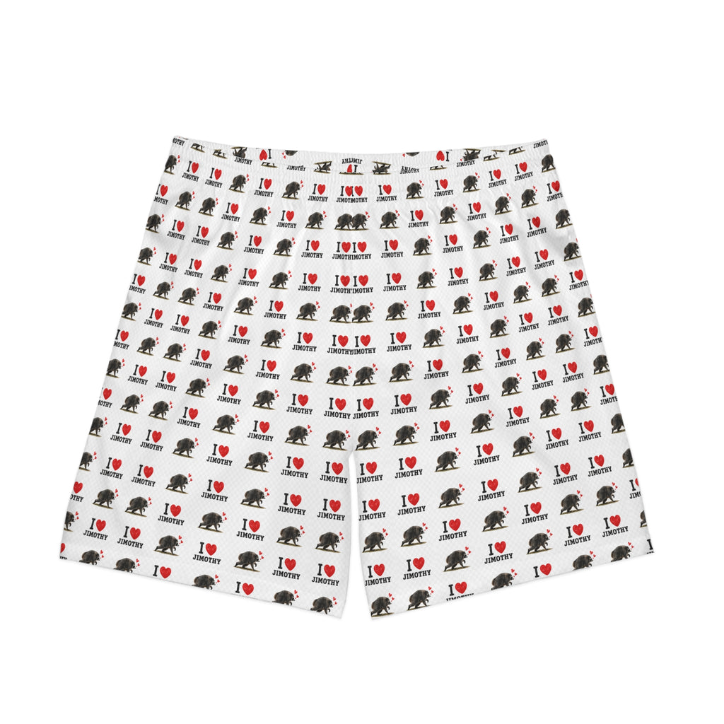 I  Love Jimothy Men's Beach Shorts — All-Over Print Elastic Swim Trunks