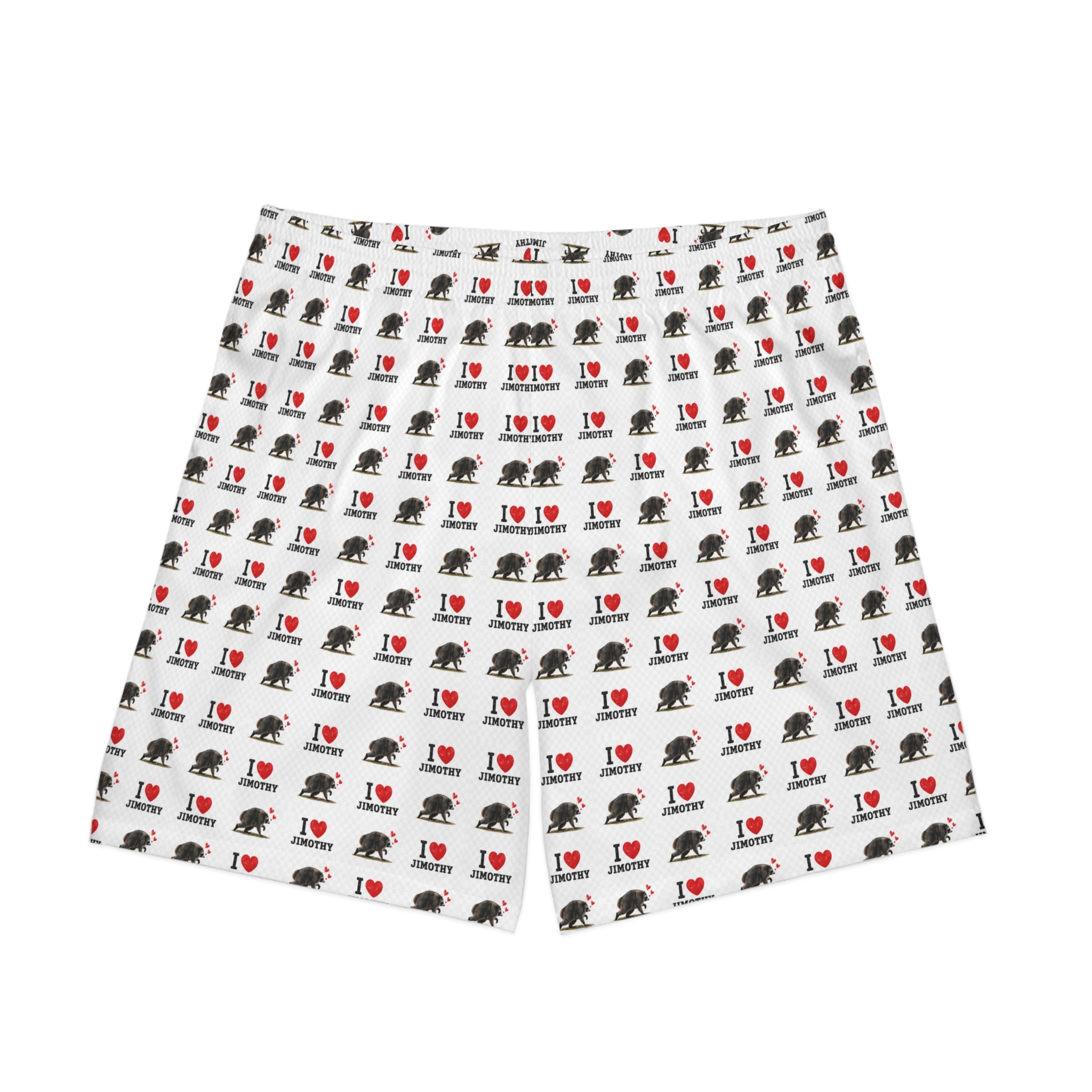 I  Love Jimothy Men's Beach Shorts — All-Over Print Elastic Swim Trunks