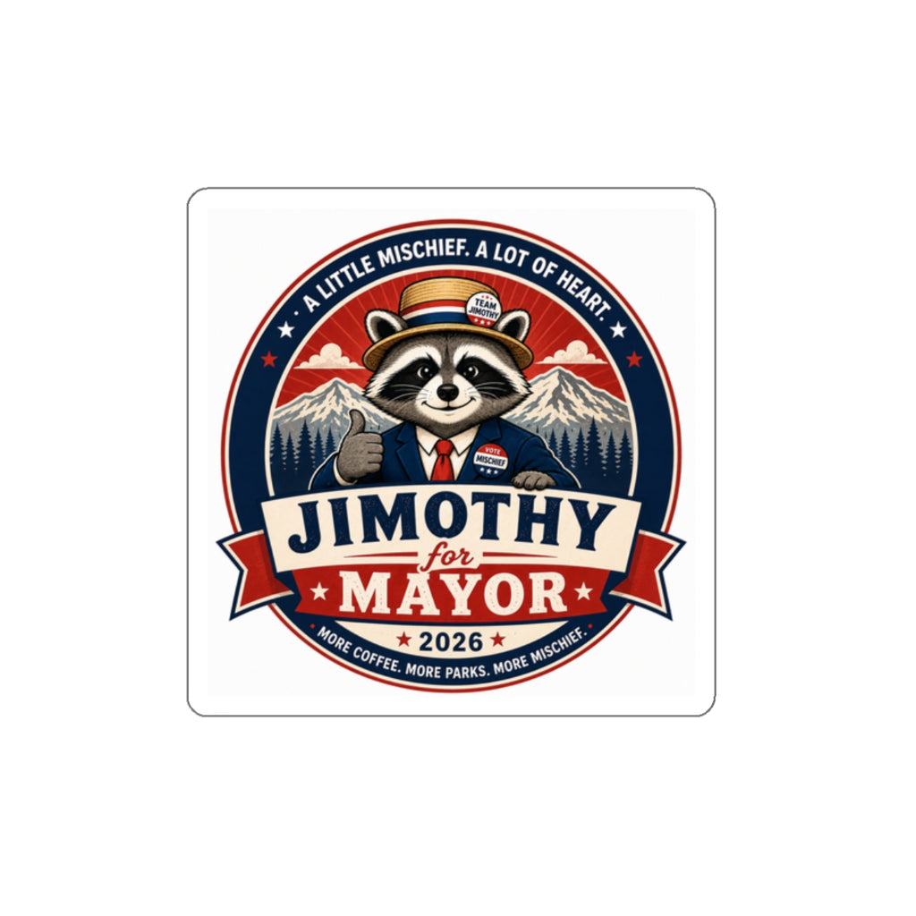 Jimothy for Mayor 2026 Die-Cut Sticker — Raccoon Campaign Political Sticker