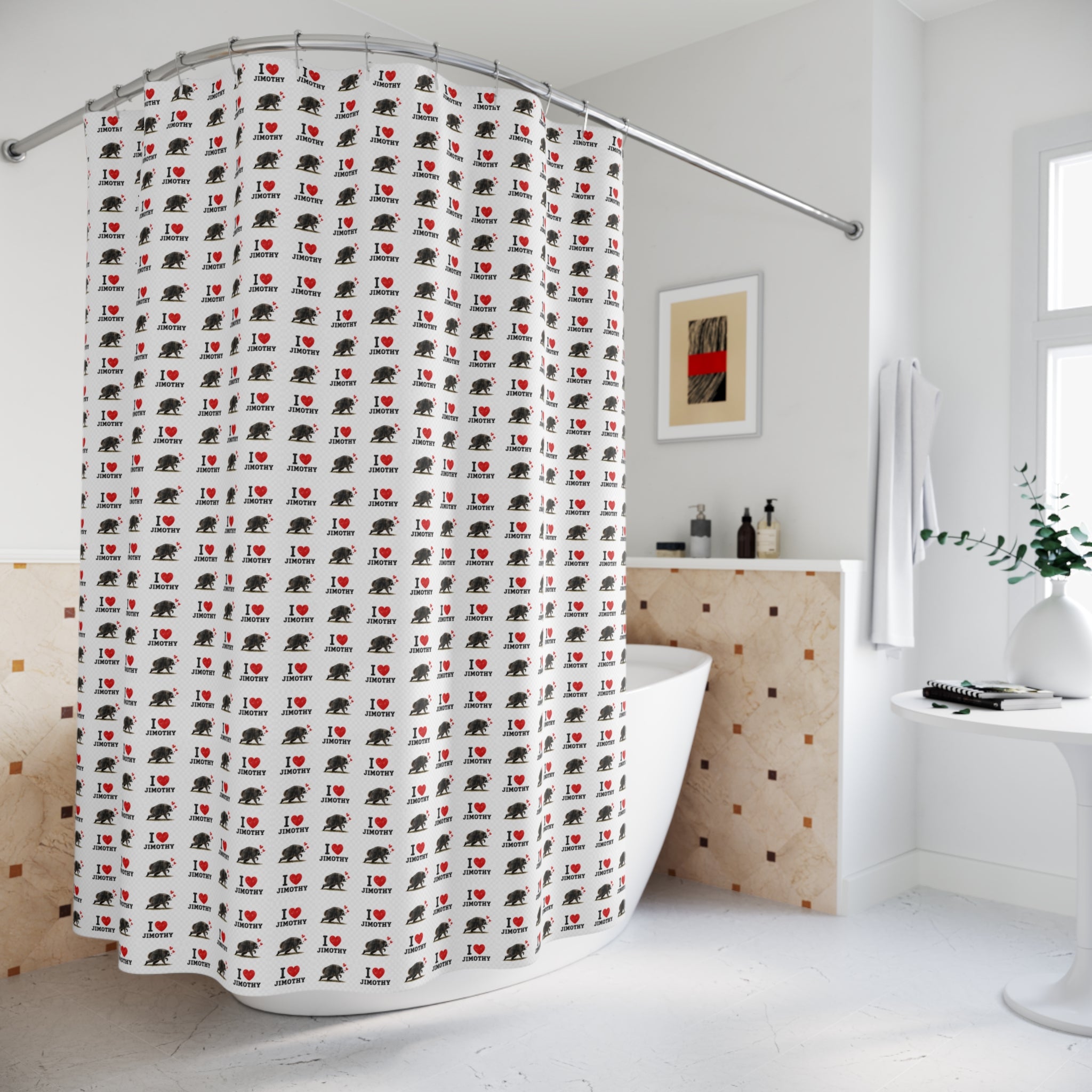 I Love Jimothy Shower Curtain — Cute Repeating 'I Love Jimothy'  Pattern for Bathroom Decor