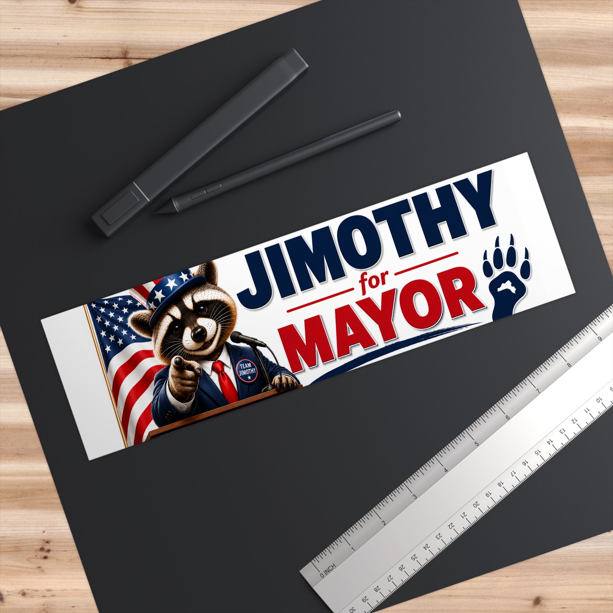 Jimothy for Mayor Bumper Sticker — Patriotic Raccoon Campaign Decal
