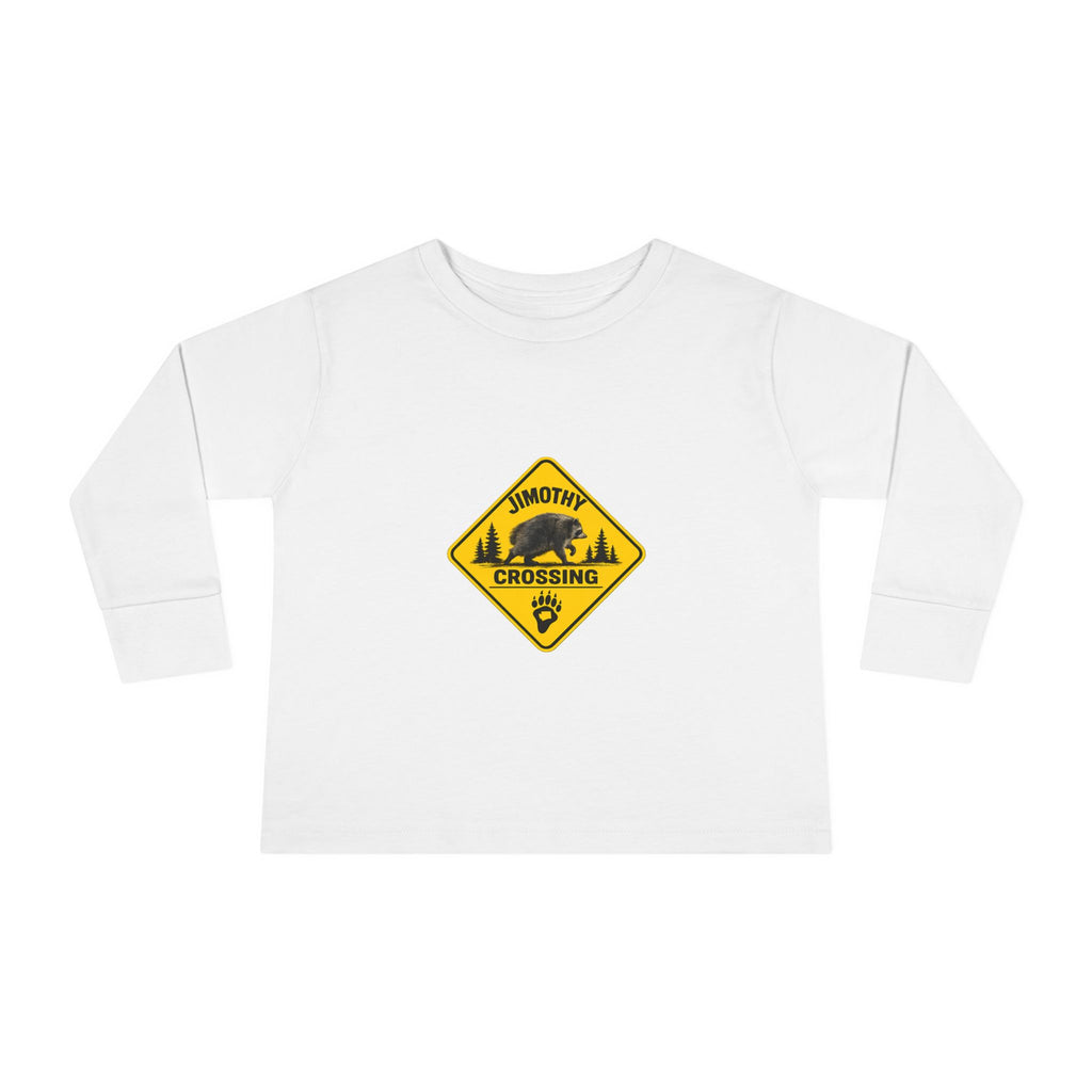 Toddler Long Sleeve Tee — 'Jimothy Crossing Road Sign with Jimothy Feet (Back)