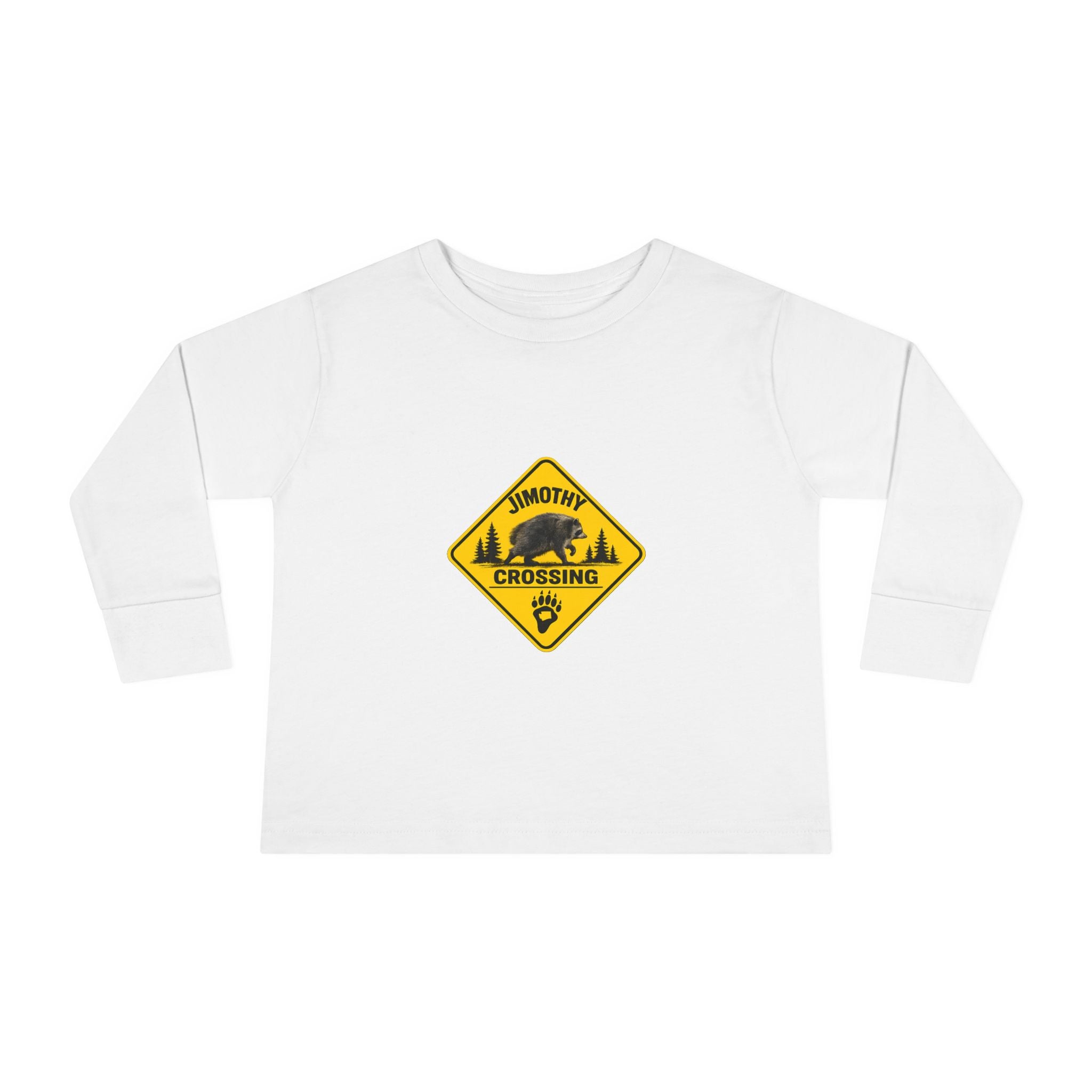 Toddler Long Sleeve Tee — 'Jimothy Crossing Road Sign with Jimothy Feet (Back)